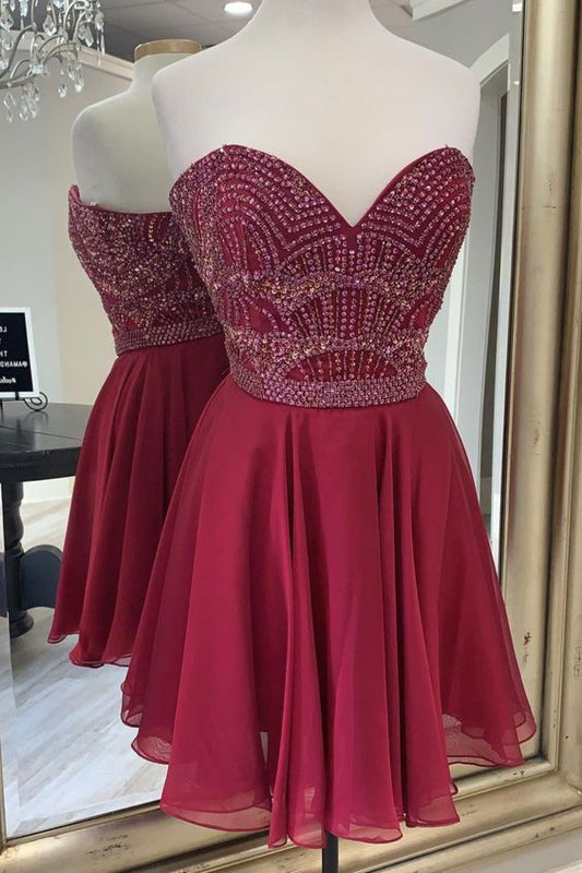 beaded sweetheart wine red chiffon short homecoming dress sweet 16 dress   cg16559