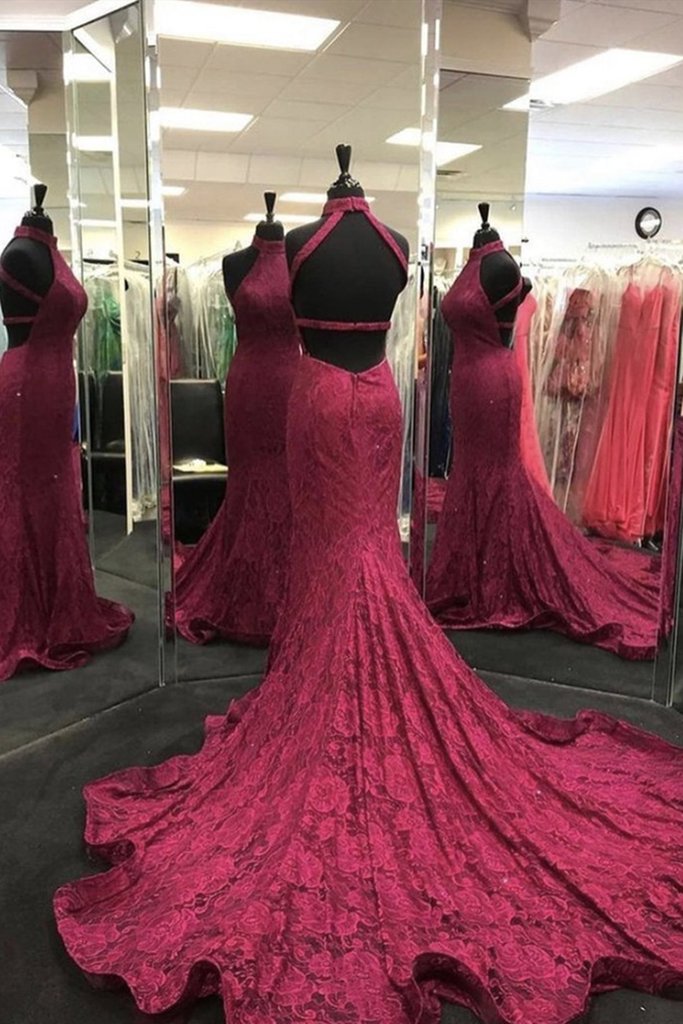 High Neck Backless Burgundy Lace long Prom Dress, Long Burgundy Lace Formal Evening Dress, Burgundy Ball Gown   cg16580