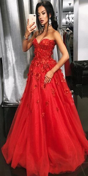 A-Line Sweetheart Sweep Train Red Prom Dress with Appliques Beading   cg16593