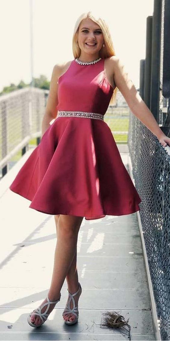 Dark Red Homecoming Dresses with Pocket Open Back Short  Dress cg1661