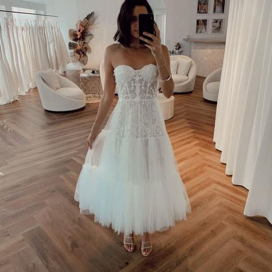 short wedding dresses 2021 lace applique sweetheart neck tea length simple cheap Prom Dress   cg16629