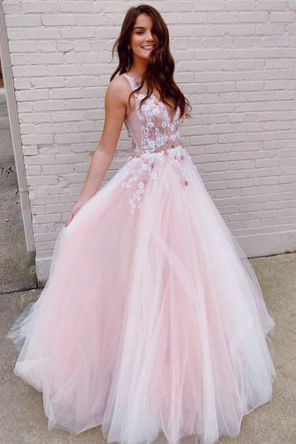 Pink v neck lace long prom dress A line evening dress   cg16636