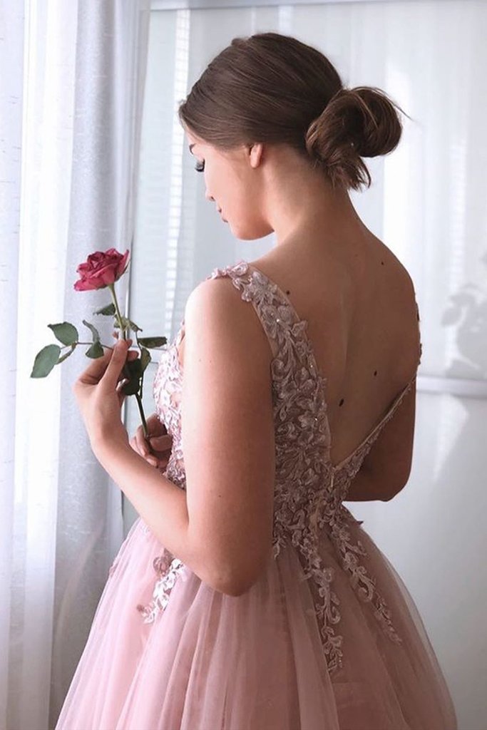 A Line V Neck Pink Lace Long Prom Dress, Pink Lace Formal Graduation Evening Dress   cg16648