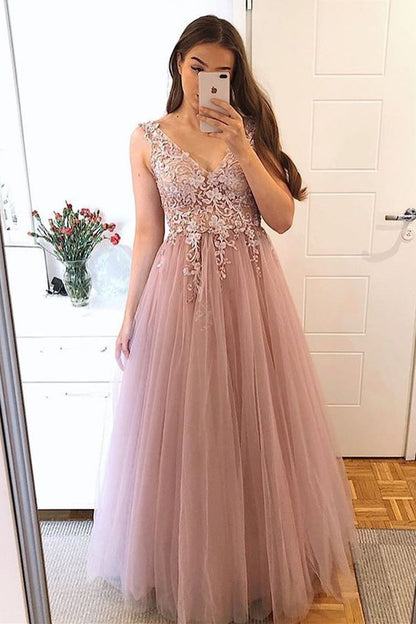 A Line V Neck Pink Lace Long Prom Dress, Pink Lace Formal Graduation Evening Dress   cg16648