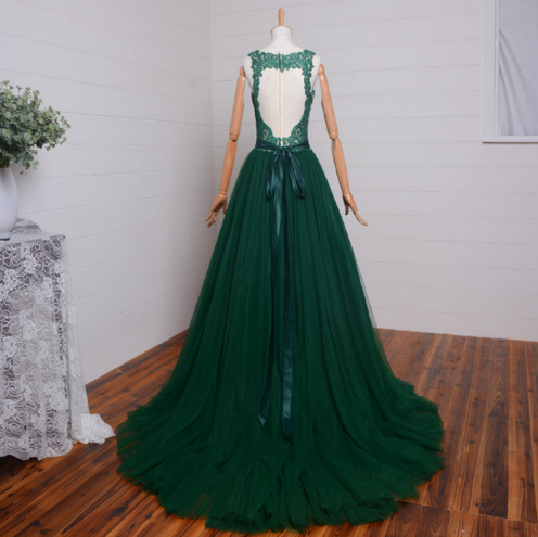 Dark Green Tulle With Lace Applique Long Prom Dress, A-Line Evening Dress, Formal Dress   cg16700