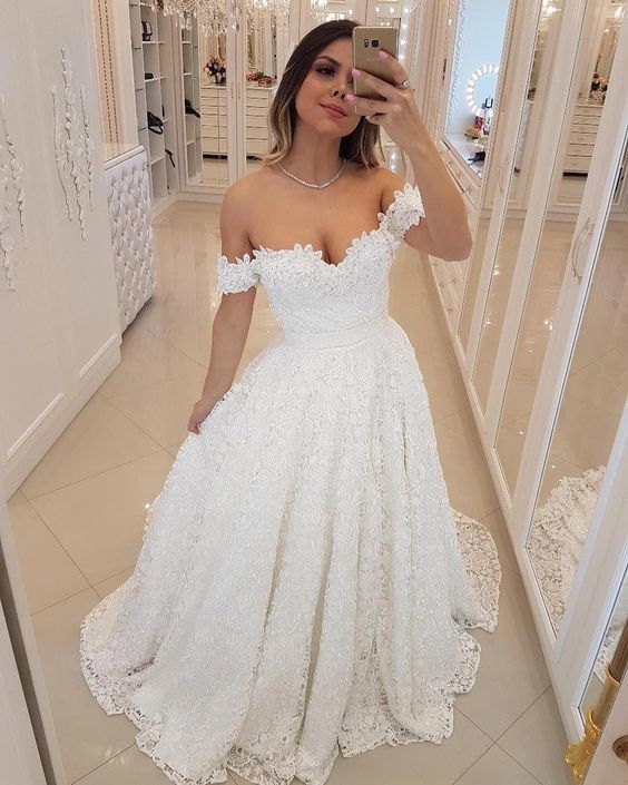 Off the shoulder white lace prom dress with trian    cg16750