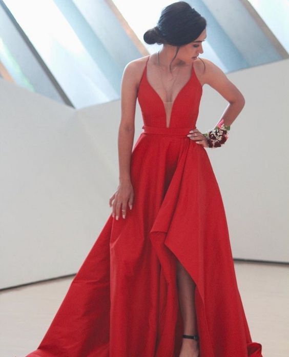 Charming A-Line V Neck Red Satin Long Prom Dresses   cg16755