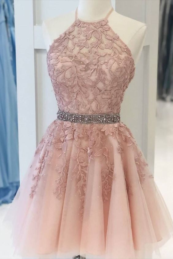 Pink Halter Appliqued Homecoming Dress with Beading Belt   cg16763