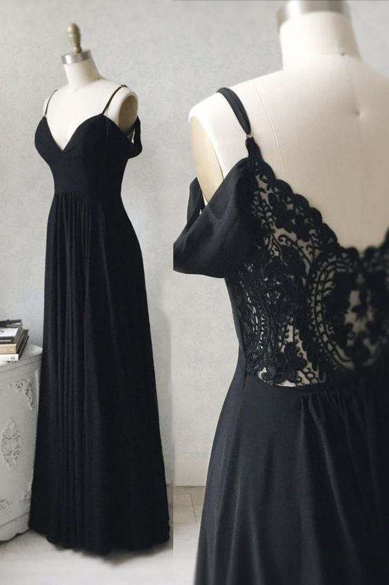 Black chiffon lace long prom dress A line evening dress   cg16768
