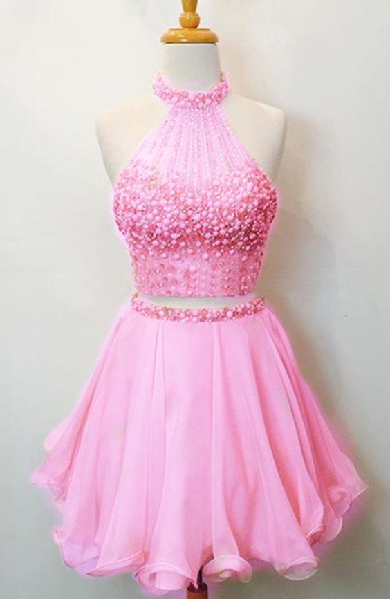 Two Piece Homecoming Dress,Beaded Party Dress,Pink Homecoming Gown cg1680