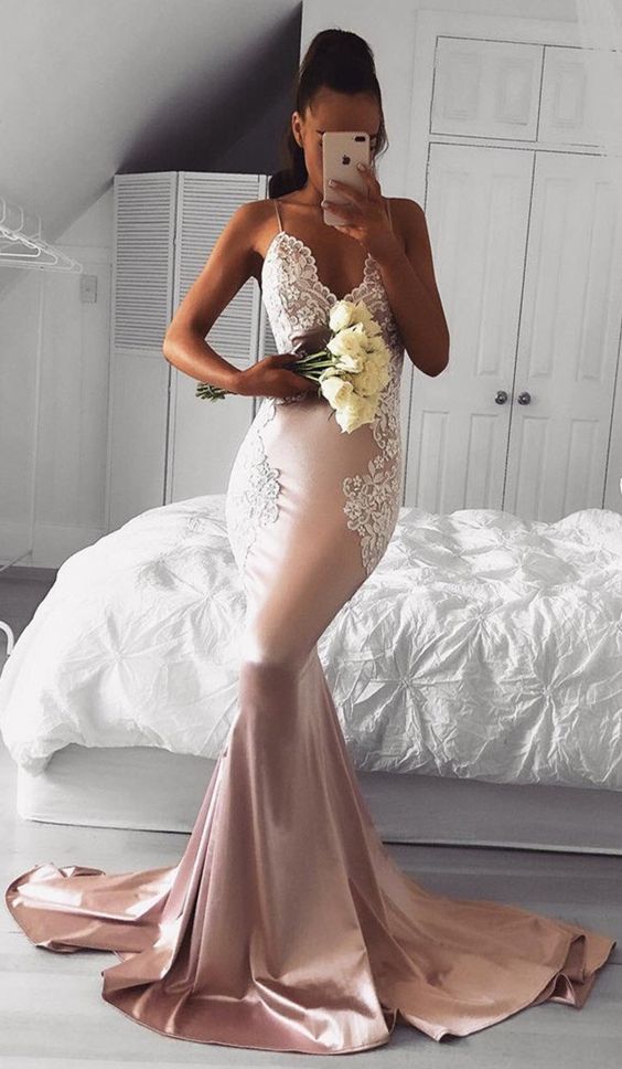 sexy spaghetti strap pink prom dress with lace appliques, bodycon mermaid pink elastic satin evening dress with lace appliques   cg16872