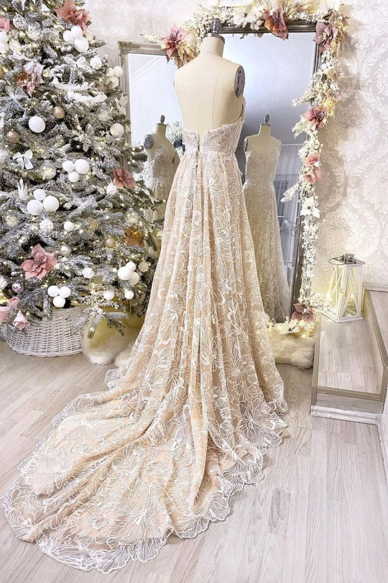 Champagne v neck lace long prom dress champagne evening dress   cg16881