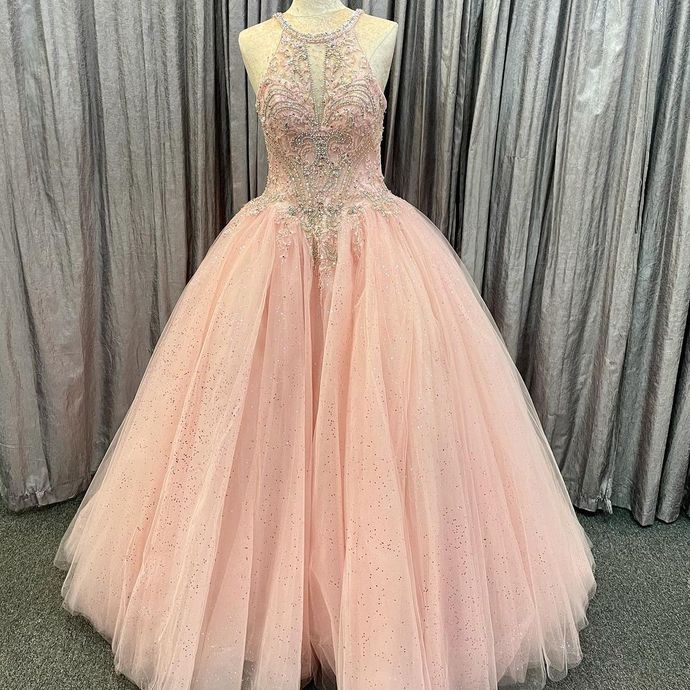 Pink Beaded Tulle Long Quincerean Gown Long Prom Dress   cg16897