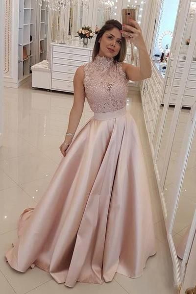 Fashion High Neck Lace Pink See Through Long prom dress cg1691