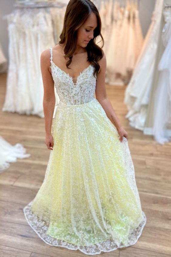 2021 yellow A-line lace long prom dress   cg16974