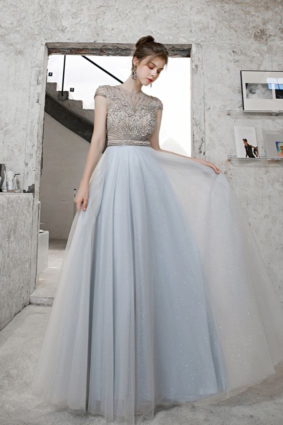 princess A-line light blue tulle prom dress with beaded cap sleeves   cg16980