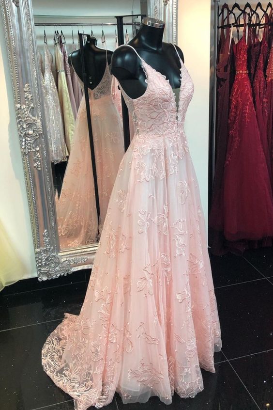 A-line pink lace long prom dress formal dress 2021   cg16984