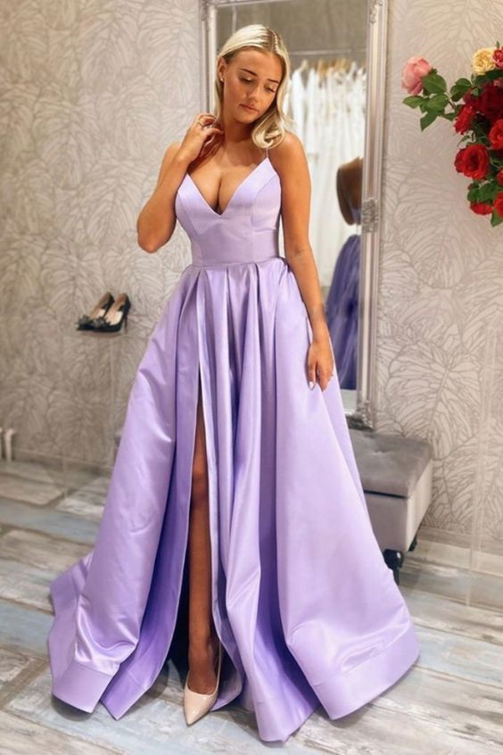 Newest V Neck Purple Satin Long Prom Dresses with Slit, V Neck Purple Formal Dresses   cg17075