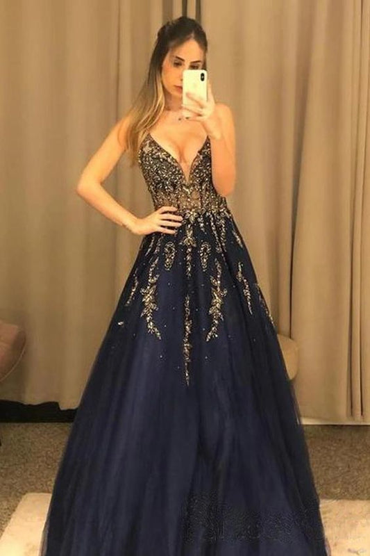 V Neck Line Sexy Party Dress Navy Blue Appliques Long Prom Dress With Beading    cg17077