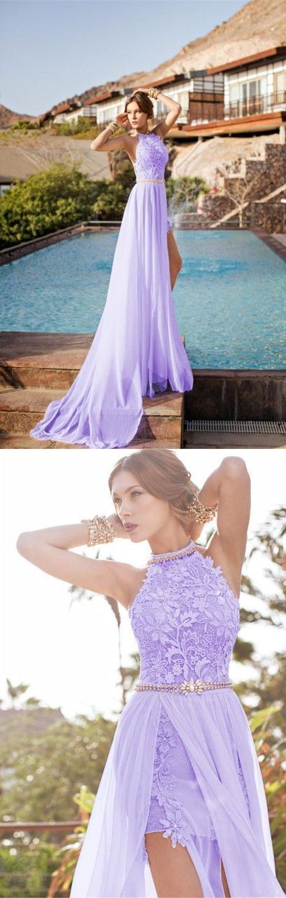 Sexy Halter Neck Split Slit Long Prom Dress,Lilac Lace High Neck Floor Length Formal Dress   cg17080