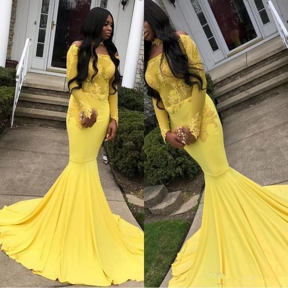Yellow Long Sleeves Mermaid Prom Dress    cg17138