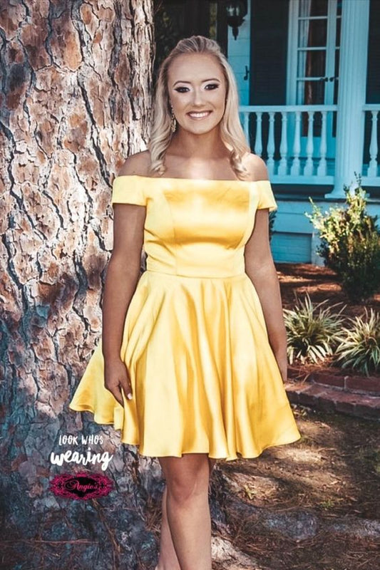 off the shoulder short yellow satin party dress homecoming dress    cg17195