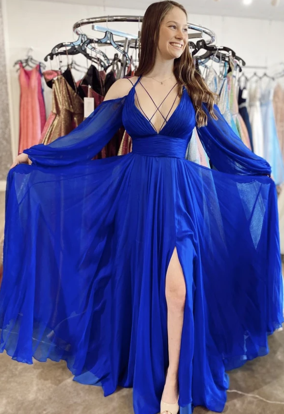Blue chiffon long prom dress blue evening dress    cg17196