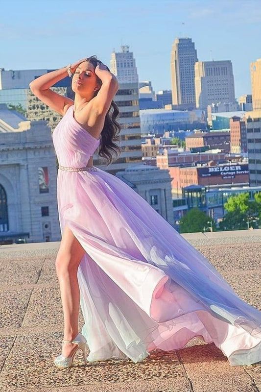 One shoulder purple ombre tulle long prom dress with beaded sash and side slit    cg17211