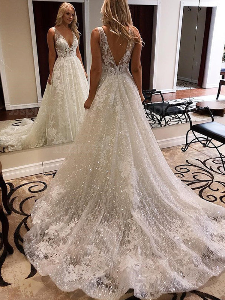 Luxurious Ball Gown V Neck Open Back White Lace Wedding Dresses,Elegant Bridal Gown Prom Dress   cg17224