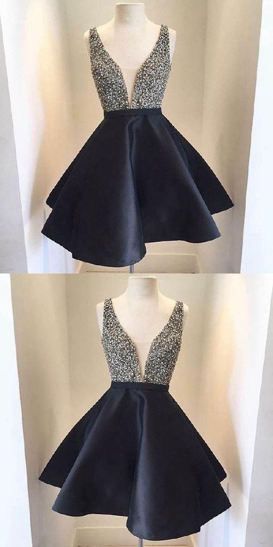 A-Line V-Neck Open Back Black Satin Short Homecoming Dress With Beading cg1723
