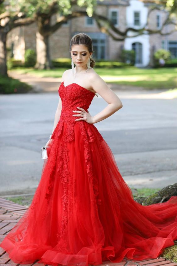 strapless red A-line tulle and lace long ball gown prom dress    cg17242