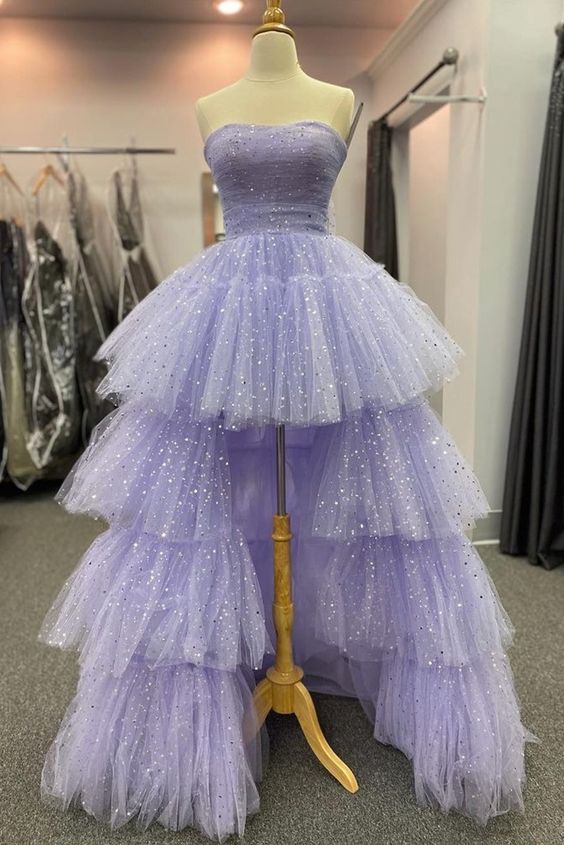 High Low Lavender Sparkle Tulle Long Formal Dress prom Dress    cg17246