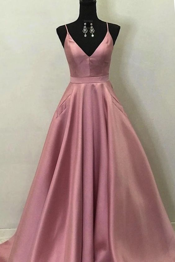 Simple Pink Satin V Neck Long A Line Pocket Prom Dress, Party Dress   cg17318