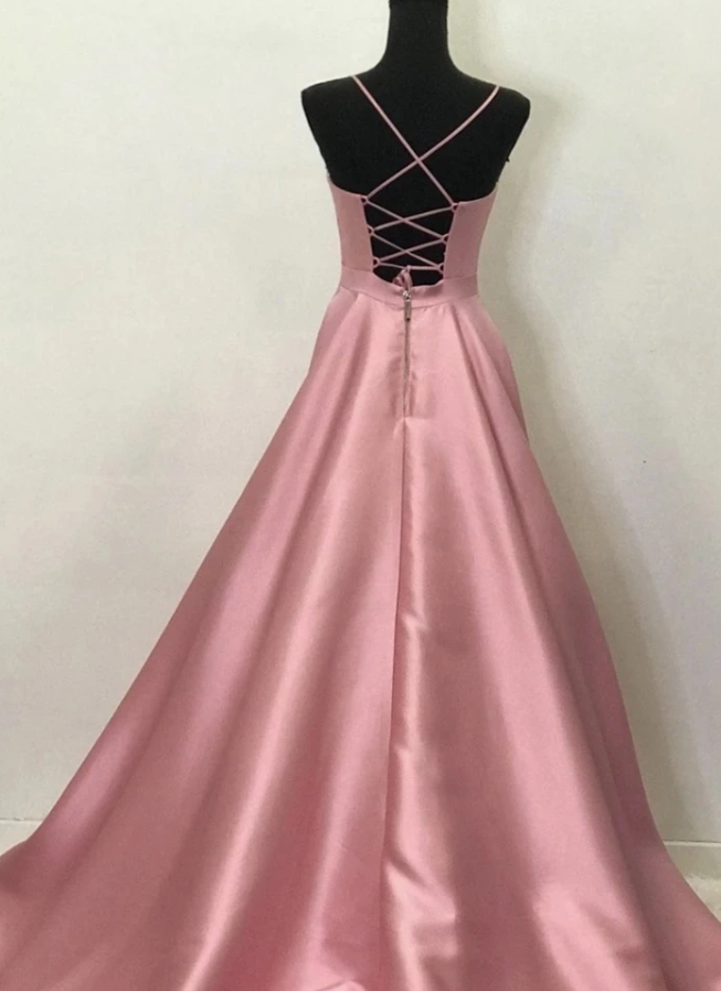 Simple Pink Satin V Neck Long A Line Pocket Prom Dress, Party Dress   cg17318
