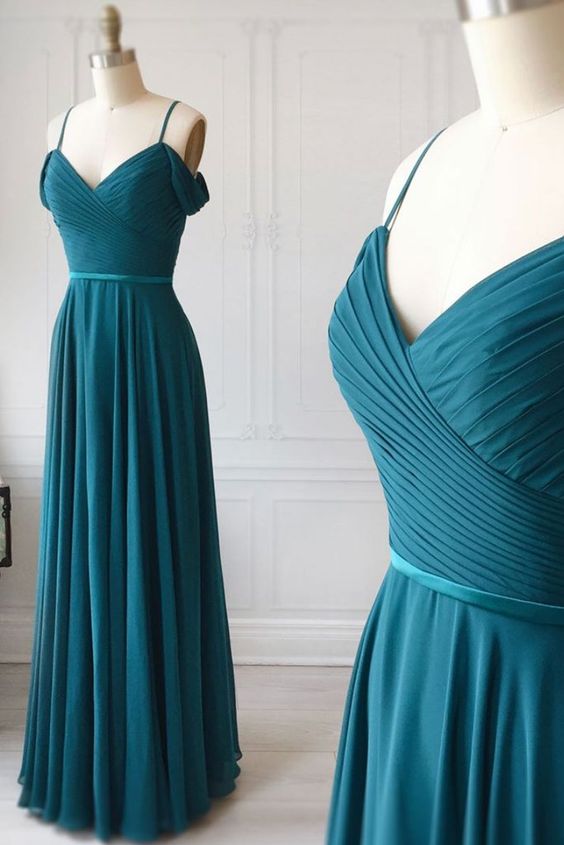 Deep Green Chiffon Spaghetti Straps Long Prom Dress, Bridesmaid Dress cg1735