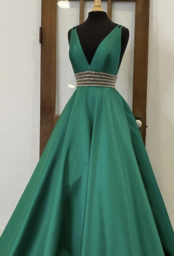 V Neck Emerald Green Satin Long Prom Dress, Emerald Green Formal Graduation Evening Dress   cg17351