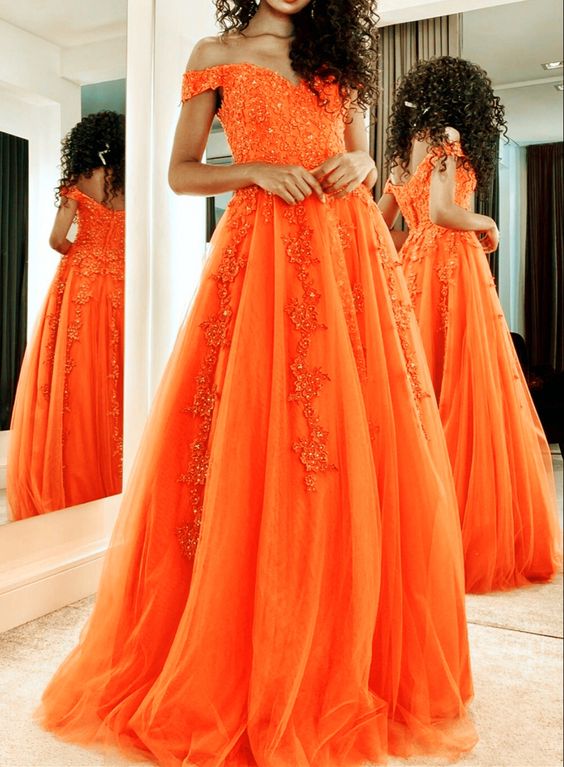 elegant orange prom dresses tulle off shoulder lace appliques evening gown    cg12377