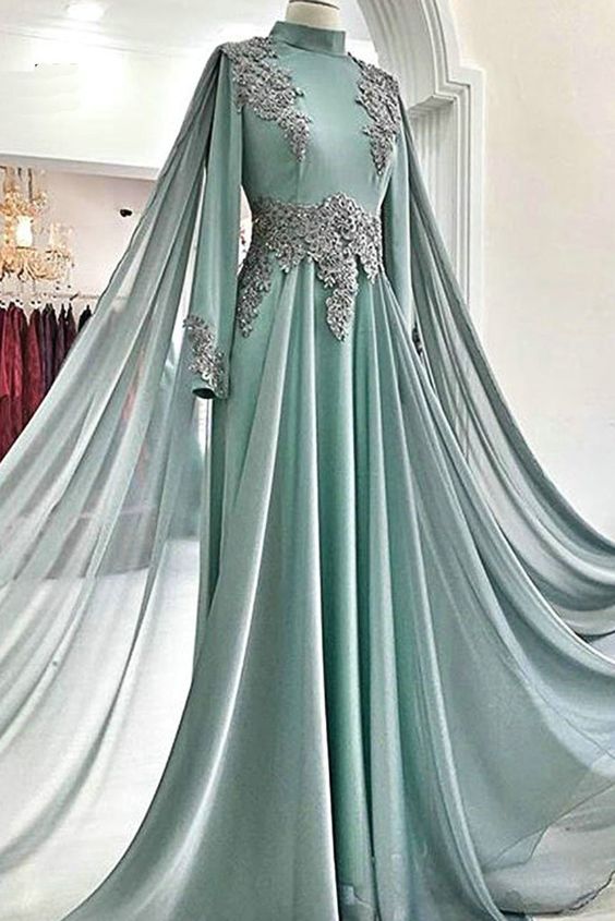 Green Tulle Sweep Train High Neck Long Arabic Prom Dress, Evening Dress With Sleeves   cg17387