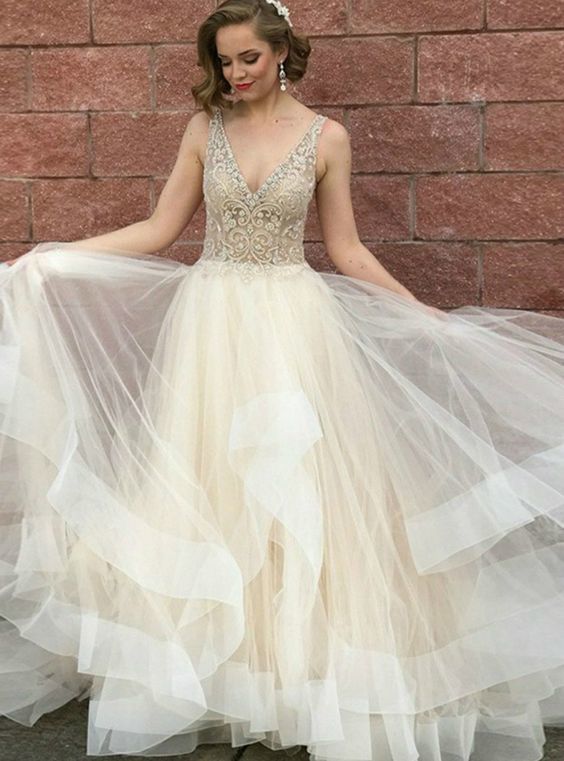 A-Line Champagne Tulle Deep V-neck Beading Long Prom Dress   cg17424