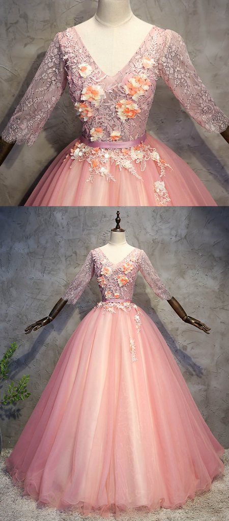 New brand pink tulle V neck mid sleeve long senior prom dress, long lace evening dress   cg17430