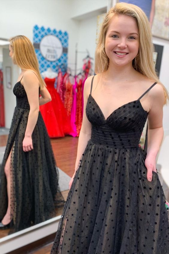 Elegant Black Polka Dot Print Prom Dress with Slit    cg17440