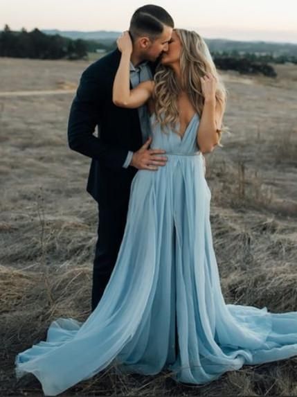 Prom Dresses Custom Made Pale Blue Boho Chiffon Wedding Dress with slits    cg17461