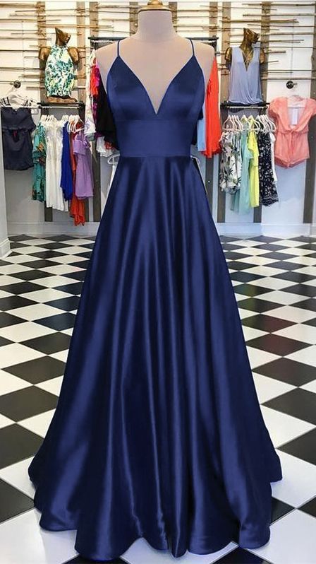 A-Line Long Satin V-Neck Prom Dresses Formal Evening Gowns   cg17482