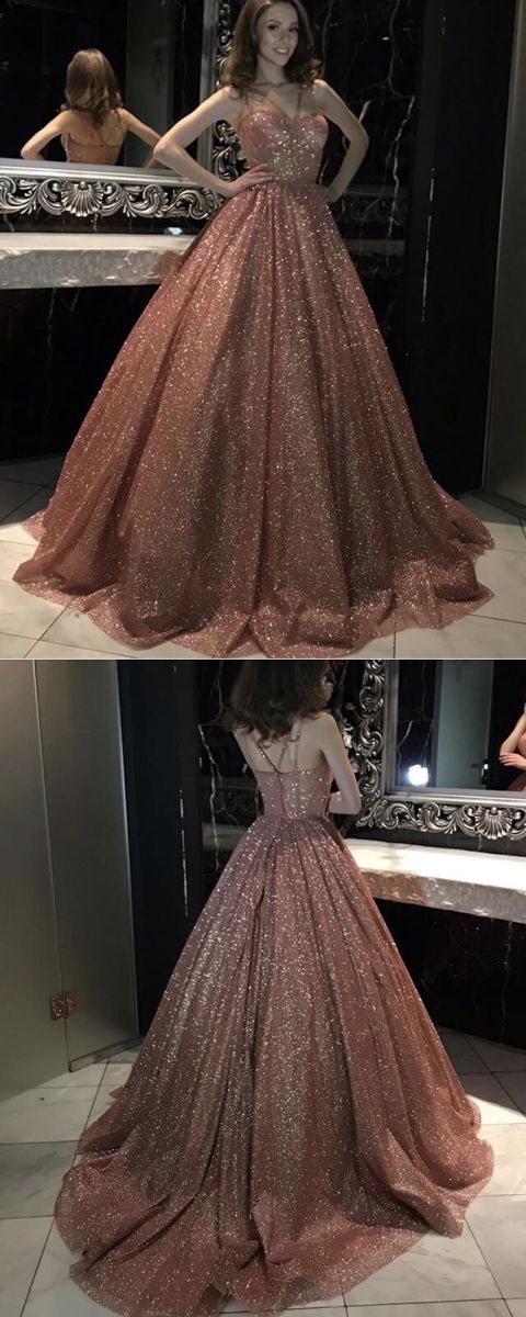 sparkly rose gold prom dresses ball gown glitter tulle cross neck    cg17504