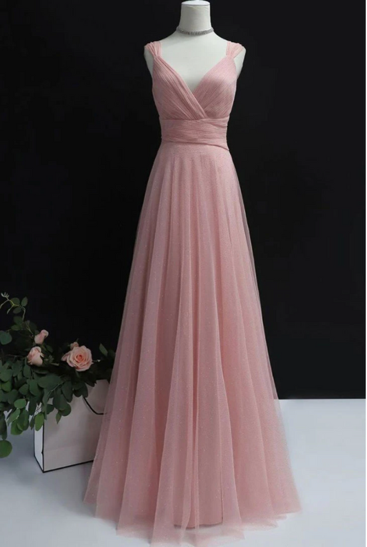 Simple pink tulle long prom dress pink tulle evening dress    cg17534