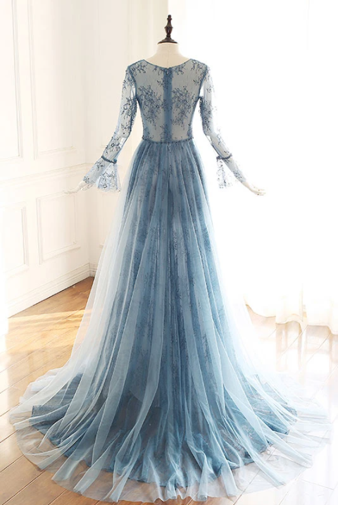 Blue tulle lace Long sleeve prom dress, blue bridesmaid dress   cg17536