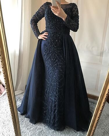 Sexy Sheer Long Sleeve Evening Dresses Crystal Beaded Muslim Prom Dress Party Gown   cg17629