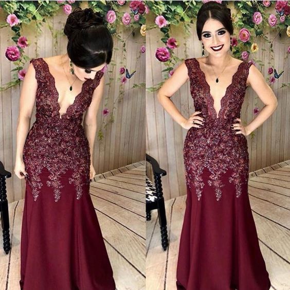 V Neck Burgundy Mermaid Prom Dress    cg17723