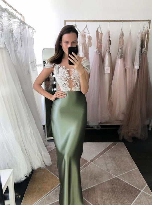 Sexy green prom dress with lace embroidery and long train    cg17741