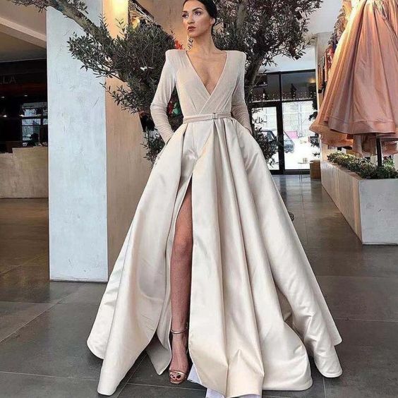 ivory prom dresses 2021 deep v neck pleats long sleeve side slit   cg17801